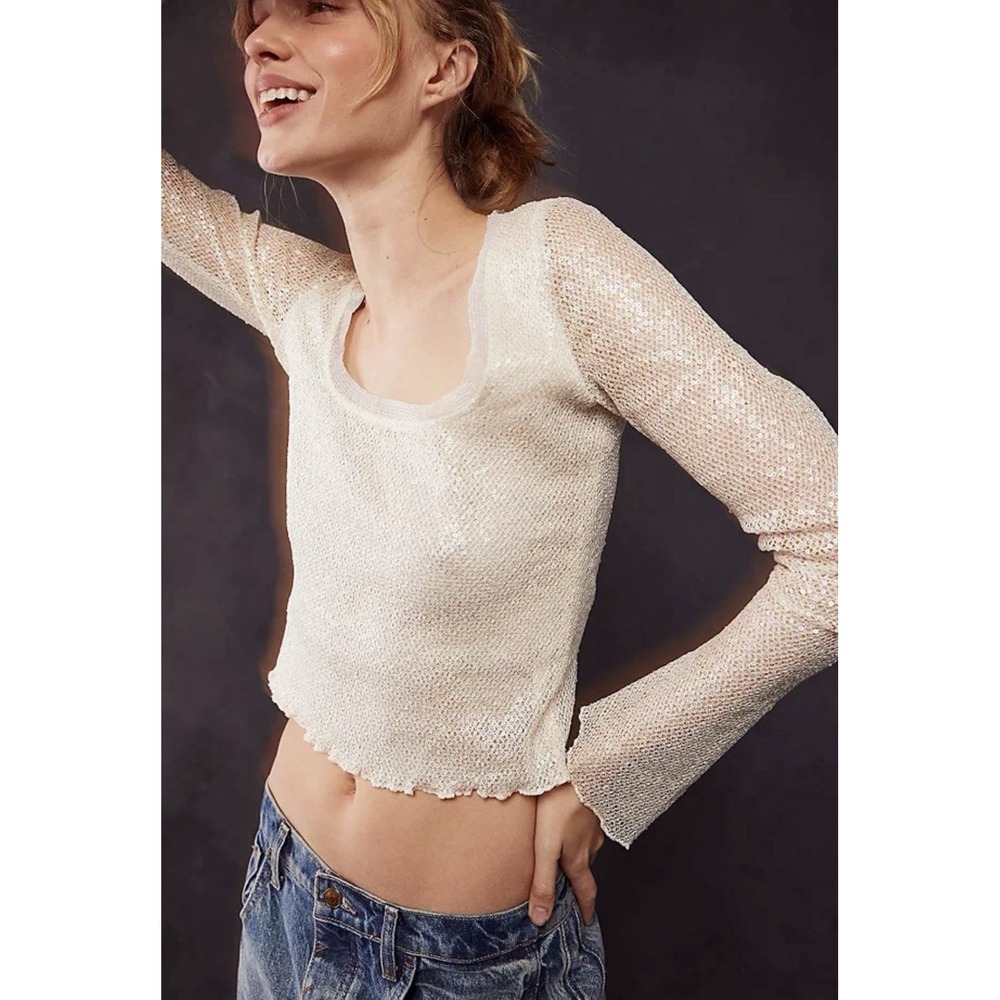FREE PEOPLE Sz S LATE NIGHT DISCO Ivory Sequins Layering Top Festival Party Boho